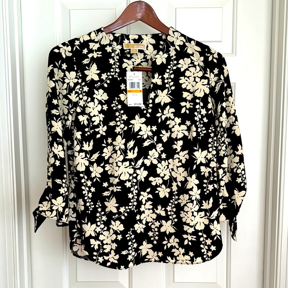 Michael Kors Top Size S/P Floral Black Cream 3/4 Sleeves with Tie Gold Logo NWT